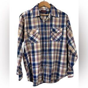 Vintage Western Shirt, L-XL, plaid, lightweight poly-cotton Cowboy Rodeo Country